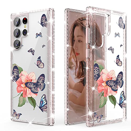 WATACHE for Galaxy S22 Ultra Case,Clear Glitter Flower Floral Butterfly Hybrid Hard PC Back + Soft TPU Bumper Shockproof Protective Girls Women Case for Samsung Galaxy S22 Ultra,Clear Flower | The Storepaperoomates Retail Market - Fast Affordable Shopping