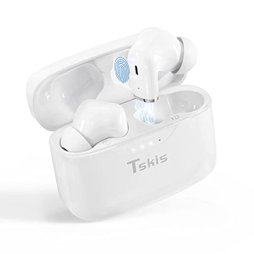 TSKIS True Wireless Earbuds, IT100 Bluetooth 5.2 Built-in ENC Call Noise Cancelling Mic,48H Playtime IPX8 Waterproof Ear Buds Deep Bass Earphones in-Ear Stereo Headphones for Work,Sport (White)