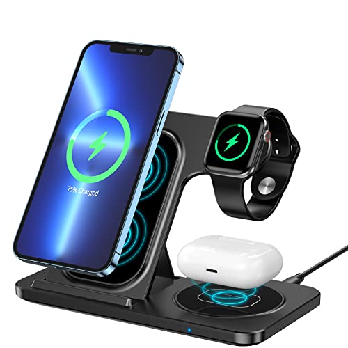 Wireless Charging Station, KOOPAO 3 in 1 15W Foldable Fast Wireless Charger Stand Compatible with iPhone 13/12/11Pro/Max/XR/XS Max/X, Apple Watch 7/6/SE/5/4/3/2, AirPods 2/Pro