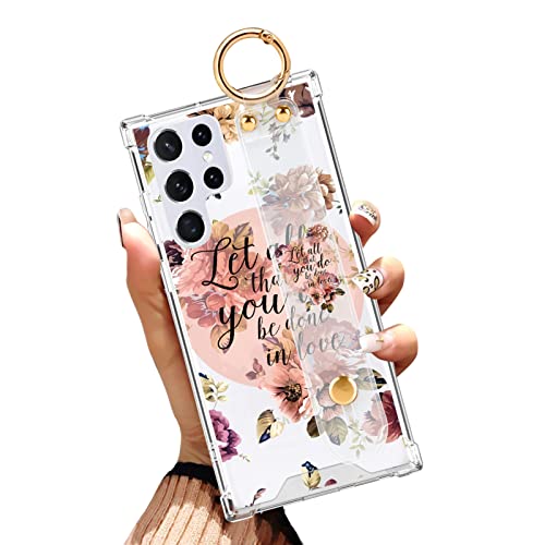 Illians Compatible Samsung Galaxy S22 Ultra 5G Clear Case Anti-Yellow All Round Shockproof Protection Slim Phone Cover Christian Quotes Bible Verse Flower Floral Design Case with Wrist Strap Lanyard