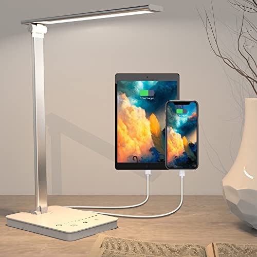 Kumming LED Desk lamp – USB Table Lamp with Touch Control,Eye-Caring Desk lamps for Home Office with Timer,5 Lighting Modes,5 Brightness Level, Dimmable Reading Lamp for Working,Studying(Silver White)