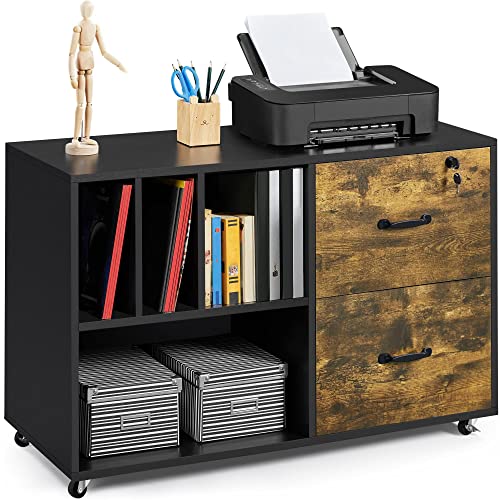 Yaheetech 2 Drawer Lateral File Cabinets with 4 Open Storage Shelves for Letter Size A4 Size, Mobile Large Filing Cabinet Printer Stand on Wheels for Home Office Black/Rustic Brown