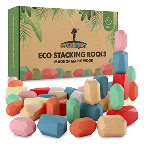 EVERSMART Wooden Building Blocks – 36 Pcs of XXL Stacking Rocks, No Choking Hazard, Safe for Kids & Toddlers – Montessori Balancing Stones Toys for 1 2 3 4 5 6 Year Old Boy or Girl Birthday Gifts