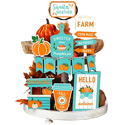 12 Pieces Thanksgiving Decorations Fall Tiered Tray Decor Farmhouse Hello Autumn Wooden Sign Items Pumpkin Wooden Table Decor Rustic Mini Sign Fall Decorations for Home Halloween Bar
