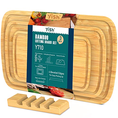 Bamboo Cutting Board Kitchen Chopping-Board: YISH Bamboo Chop Board Set of 3 With Juice Groove Wood Cutting Boards with Holder for Meat Vegetables – 15″x10″ & 13″x8″ & 10″x6.2″