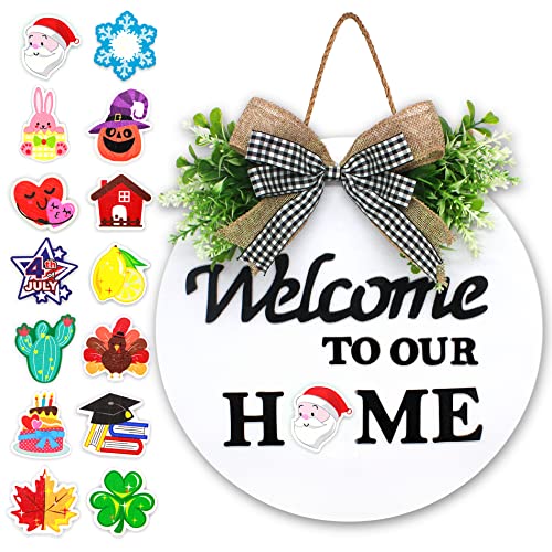 Interchangeable Welcome Sign Wreaths for Front Door Decor – 12Inches Wood Round Welcome to Our Home Door Hanger for Thanksgiving Halloween Christmas Decorations Hanging Outdoor, Housewarming Gifts