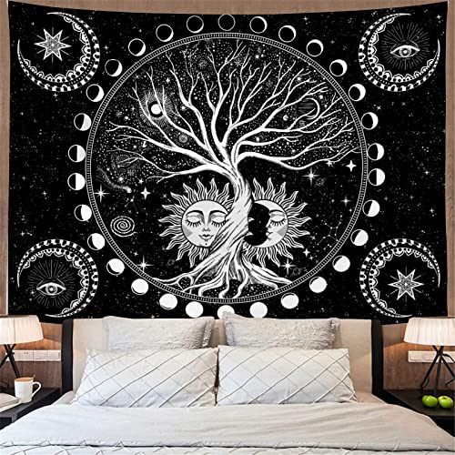 Esperarl Black and White Tapestry for Bedroom, Tree of Life Tapestry, Sun and Moon Star Wall Tapestry, Tapestry Wall Hanging Aesthetic for Room (51.2×59.1 Inches)