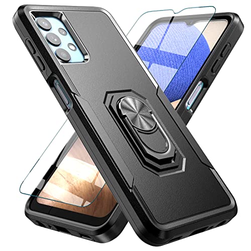 Galaxy A32 5G Case with Tempered Glass Screen Protector,SUEJIA Hybrid Slim Fit Durable Shockproof Protective Case Magnetic Ring Car Mount Kickstand for Samsung Galaxy A32 5G,Black