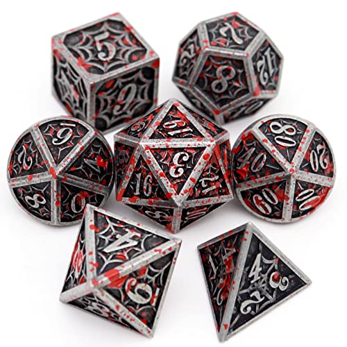 Haxtec Blood Splatter Metal DND Dice Set W/ Gift Leather Dice Bag Bloodstained D&D Dice Spider Web Pattern Polyhedral Dice for Dungeons and Dragons TTRPG Games