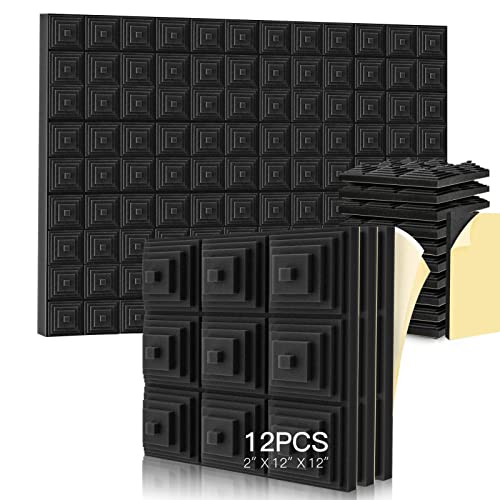12 Pack Acoustic Foam Panels, Self-adhesive Sound Proof Foam Panels 2″ x 12″ x 12″, Soundproof Insulation for Wall, Noise Absorbing Padding for Music Studio Bedroom Home, Decreasing Noise