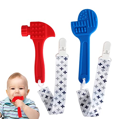 Fu Store Soft Silicone Teething Toys for Toddlers Infant Hammer Wrench Spanner Tools Shape Baby Teethers Relief Soothe Babies Gums Set (2 Pack Hammer Set)