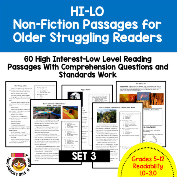 60 Hi Low – SET 3: High Interest Low Level Reading Passages for Struggling Readers with Comprehension and Lessons for Teaching Inference and Close Reading: Grades 5-12