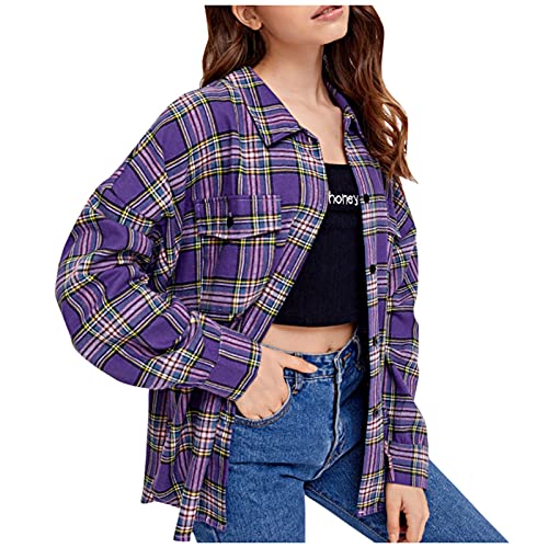 MOKINGTOP Women Flannel Shirts,Plaid Wool Blend Jacket Long Sleeve Button Down Boyfriend Shacket Coat Flannel Shirts Purple Plaid Shirts For Women