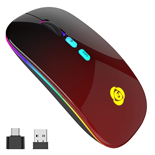 LED Wireless Mouse Bluetooth &2.4GHz Instant Connection,Rechargeable Ultra Silent Slim,3 Adjustable DPI 2 Connection Modes with USB-C to USB Adapter for Laptop/MacBook/PC/Tablet/iPad (Black-red)