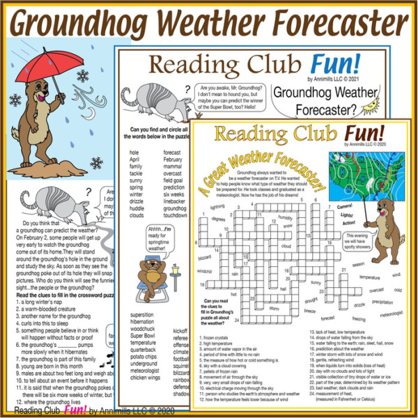 Groundhog Day and Weather – Activity Set, Word Searches, Crossword + Bonus