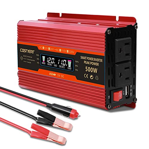 COSTYERT 500W Power Inverter DC 12V to 110V AC Car Inverter with Alligator Battery Clamp, LCD Display, Dual AC Outlets & 2.0A USB Ports Charger, Red