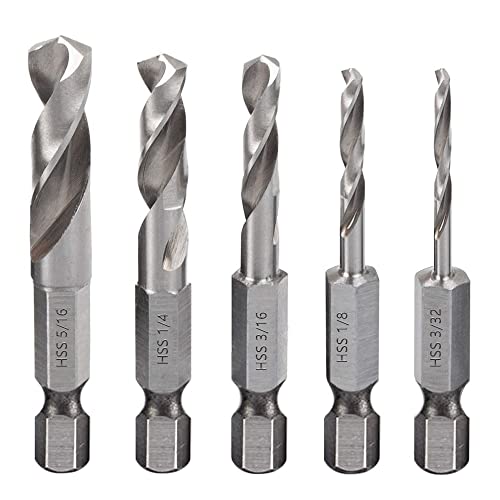 Saipe 5pcs 1/4″ Quick Change Hex Shank Metal Stubby Drill Bits Short Drill Bit Set HSS M2 for Right-Angle Drill Attachment and Used in Tight Spaces, 3/32, 1/8, 3/16, 1/4, 5/16-Inch