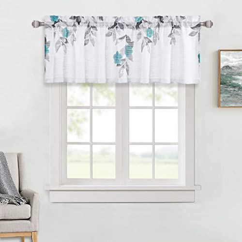 CAROMIO Kitchen Window Curtains Teal and Grey Valance Curtains Linen Texture Window Valance for Bedroom Rod Pocket Small Kitchen Bathroom Window Curtains, 52″X15″, Teal and White Curtain, One Piece