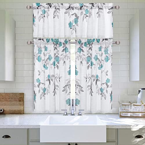 CAROMIO Kitchen Window Curtains Teal and Grey Valance Curtains Linen Texture Window Valance for Bedroom Rod Pocket Small Kitchen Bathroom Window Curtains, 52″X15″, Teal and White Curtain, One Piece | The Storepaperoomates Retail Market - Fast Affordable Shopping