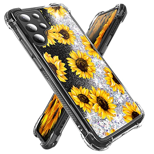 Miss Arts for Galaxy S22 Ultra Case, Girls Women Flowing Liquid Holographic Holo Glitter Shock Proof Case with Floral Design Bling Diamond Bumper for Samsung Galaxy S22 Ultra 5G -Sunflower