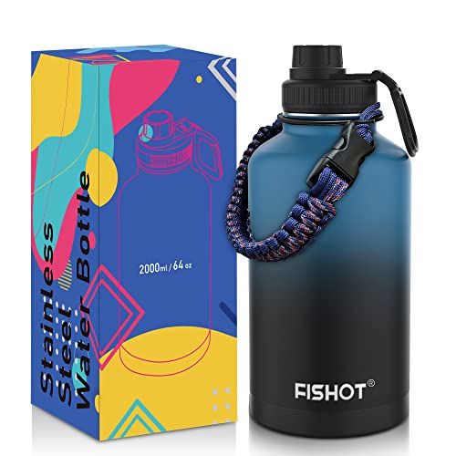 Fishot Half Gallon Insulated Water Bottle, 64 oz Stainless Steel Vacuum Water Bottle, Big Double Wall Gallon Water Jug Keeps Cold Hot, Wide Mouth Metal Canteen for Sports, Fitness (Blue Black)