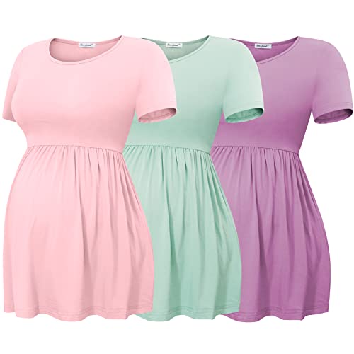 Bearsland Maternity Tops Short Sleeve Scoop Neck Maternity Shirt Pregnancy Clothes,Bean Green & Light Purple & Light Pink,L