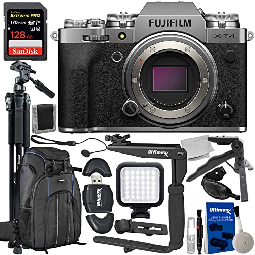 FUJIFILM X-T4 Mirrorless Camera (Silver – Body Only) + SanDisk 128GB Extreme Pro SDXC, Lightweight 72” Tripod, 180° Flash Bracket, Deluxe Water-Resistant Camera Backpack & Much More (26pc Bundle)