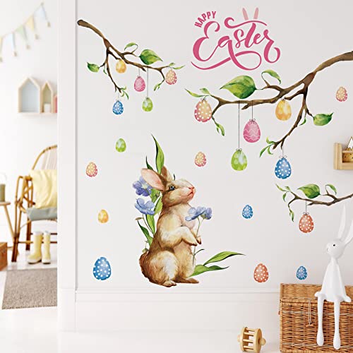 Yovkky Happy Easter Bunny Eggs Tree Branch Wall Decals Stickers, Spring Rabbit Polka Dot Leaf Flower Nursery Decor, Holiday Animals Home Kitchen Decorations Baby Bedroom Kids Room Art Party Supply