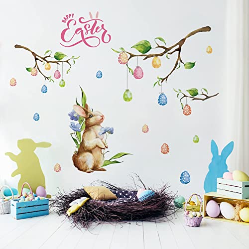 Yovkky Happy Easter Bunny Eggs Tree Branch Wall Decals Stickers, Spring Rabbit Polka Dot Leaf Flower Nursery Decor, Holiday Animals Home Kitchen Decorations Baby Bedroom Kids Room Art Party Supply | The Storepaperoomates Retail Market - Fast Affordable Shopping