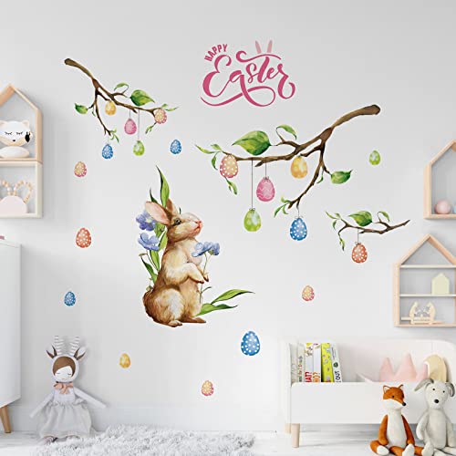 Yovkky Happy Easter Bunny Eggs Tree Branch Wall Decals Stickers, Spring Rabbit Polka Dot Leaf Flower Nursery Decor, Holiday Animals Home Kitchen Decorations Baby Bedroom Kids Room Art Party Supply | The Storepaperoomates Retail Market - Fast Affordable Shopping