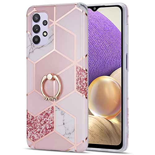 MANLENO for Samsung Galaxy A32 Case with Ring Kickstand Glitter Marble Design Slim Protective Phone Case Soft TPU Rubber Silicone Cover Bumper for Samsung Galaxy A32 5G (Rose Gold)