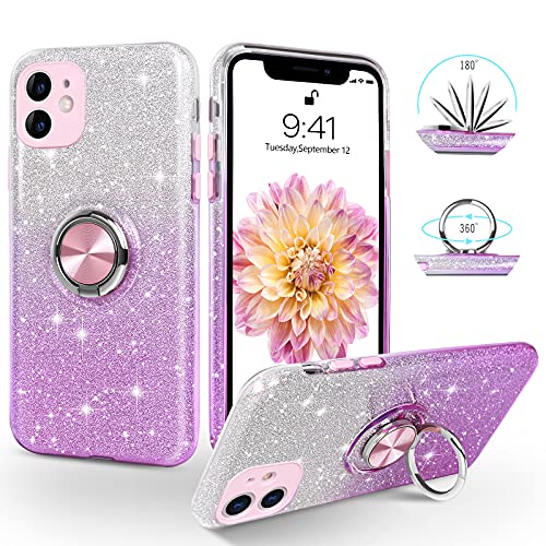 SouliGo iPhone 11 Case, Phone Case iPhone 11, Slim Thin Shinny Sparkly Soft TPU Shockproof Protective Ring Kickstand Hybrid Protection Girls Women iPhone 11 Cover, Purple Glitter