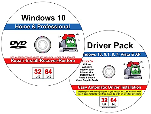 Compatible Windows 10 Home and Professional 32/64 Bit Repair, Install, Recover & Restore DVD Plus Drivers Pack