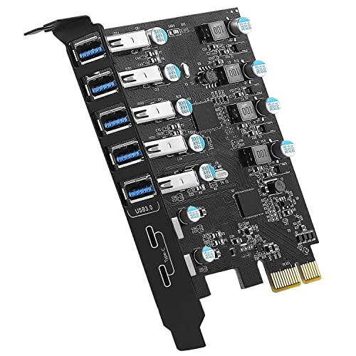 PCI-E to USB Expansion Card Super Speed 7-Ports(5X USB 3.0 A,2X USB C) PCI Express(PCIe) Expansion Card Desktop PC Internal Hub for Windows 10/8/7 and MAC OS