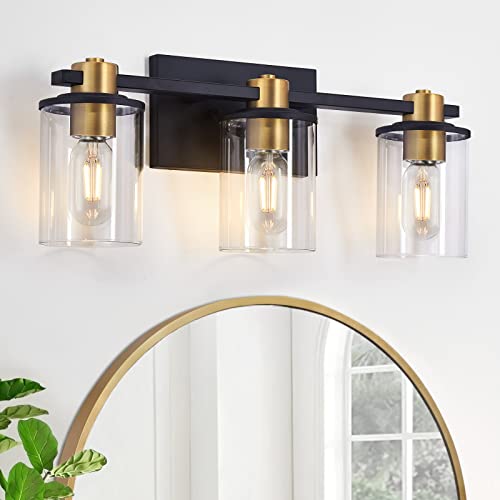 Atocif 3 Light Bathroom Vanity Light Fixtures, Black and Gold Vanity Light Above Mirror with Clear Glass Shade, Modern Wall Sconce Black with Bronze Vintage (3 Lights)