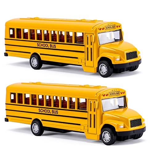 DUNRIOG TOYS 2 Pack 5.5” Pull Back School Bus, Die-cast Metal Toy Vehicles with Bright Yellow for Kids Boys Girls