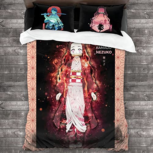Nezuko Tanjiro 3Pcs Bedding Set Cute Anime Bed Set Breathable Duvet Cover Set for Kids Teen Adult with 1 Quilt Cover 2 Pillow Shams Twin Size (68×90 inches)