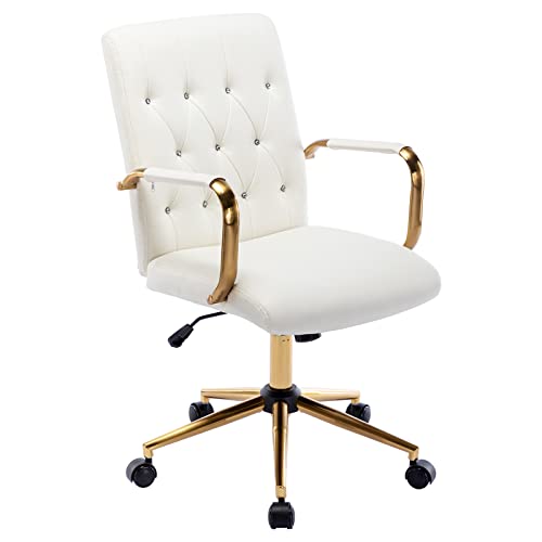 Duhome PU Leather Home Office Desk Chairs, Modern Gold Task Chair with Wheels for Office, Swivel Adjustable Computer Chair with Armrest and Gold Base White