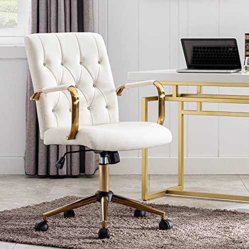 Duhome PU Leather Home Office Desk Chairs, Modern Gold Task Chair with Wheels for Office, Swivel Adjustable Computer Chair with Armrest and Gold Base White | The Storepaperoomates Retail Market - Fast Affordable Shopping