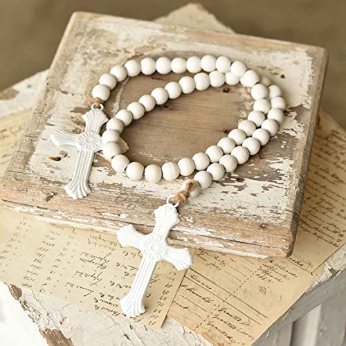 One Holiday Way 45-Inch White Beaded Wood Garland w/ Metal Cross – Decorative Religious Christian Catholic Wooden Tray Beads Decoration – Spiritual Country Farmhouse Easter Home Decor