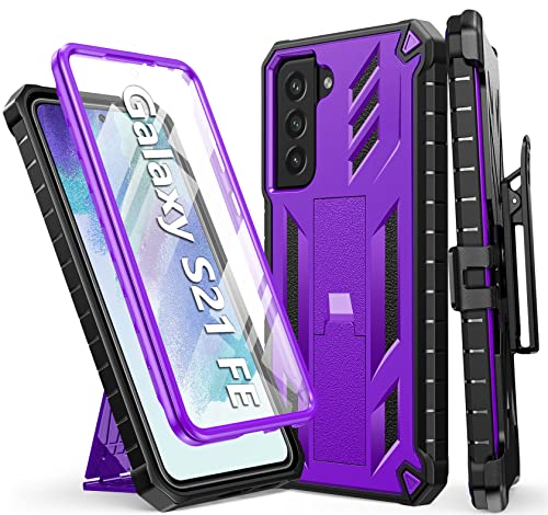 for Samsung Galaxy S21 FE 5G Case: with Kickstand & Built-in Screen Protector | Full-Body Dual Layer Rugged Belt Clip Holster – Durable Heavy Duty Military Shockproof Protection Phone Cover – Purple