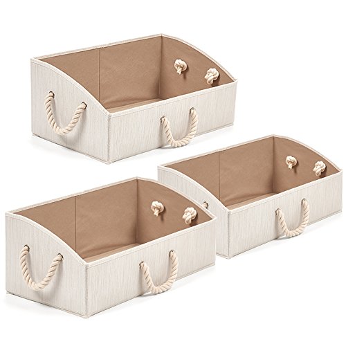 EZOWare Set of 3 Large Storage Bins Foldable Fabric Trapezoid Organizer Boxes with Cotton Rope Handle, Collapsible Basket for Closet, Baby Toys, Diaper – Beige