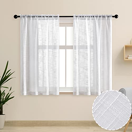SHINELAND White Sheer Curtains 48 Inch Length for Bedroom Window 2 Panels Set,Half Short Semi Privacy Opaque Faux Linen Burlap Farmhouse Curtains for Kitchen Small Bathroom Living Room Bay Window