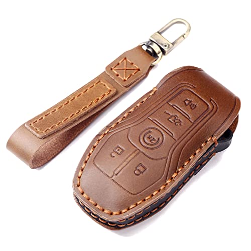 EASYANT fit for Ford Leather Key Fob Cover 5 Buttons Compatible with Mustang F-150 F-450 F-550 MKZ MKC MKX Brown
