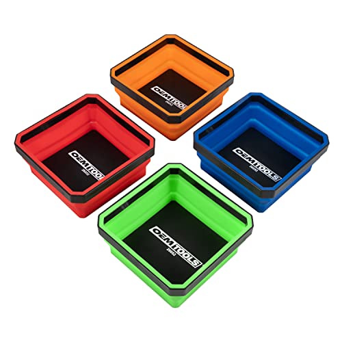 OEMTOOLS 26052 Magnetic Foldable Tray, 4 Pack Collapsible Bowl Set for Small Parts and Tools, Silicone Tray, Red, Blue, Orange, and Green Magnetic Tool Tray Set