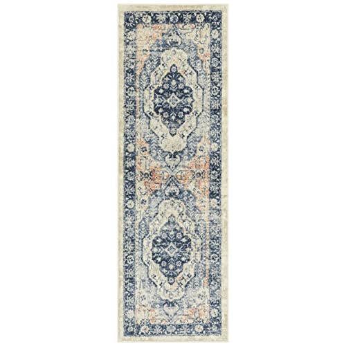 Maples Rugs Caprice Boho Medallion Hallway Entryway Non Skid Runner Rug [Made in USA], Blue, 2′ x 6′