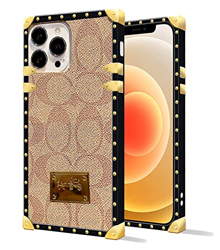 ZWEEJD Designer Square Luxury iPhone 12 Pro Max Case for Girls Women, Cute Aesthetic Classic Pattern Leather Back Cover Soft Frame Metal nameplate Decoration Shiny Phone Trunk 12 Promax – Khaki