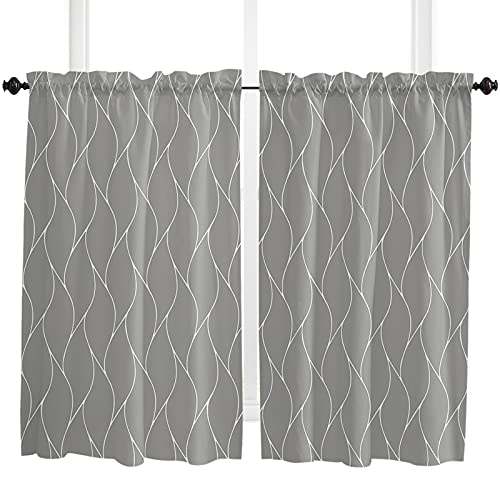 Kitchen Curtain 45 Inch Length, Abstract Retro Geometry Morocco Grey Summer Wave Texture Small Short Cafe Tiers Curtains Drape, , 2 Panel Window Treatment Rod Pocket Drapery Panels Curtains 84×45