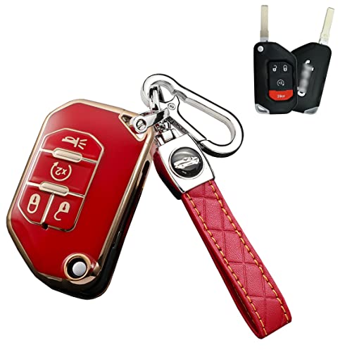 SANRILY 4 Button Key Fob Case for Jeep Wrangler JL 2021 2020 Gladiator JT Keyless Keychain Holder Soft TPU Golden Edge Flip Key Protector Cover Shell Red