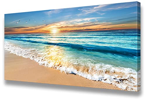 Large Living Room Bedroom Wall art Ocean Wall art Beach Canvas Wall Art for Home Decor Blue Sea Sunset Beach Painting The Picture Print The Pictures for Home Decor Decoration Ready to Hang 30″x60″